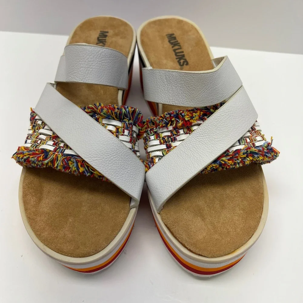 MUK LUKS Womens White Multi Fringe Striped Platform Wedge Slide Sandals Size 8